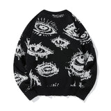 New American Trendy Men Sweater High Street Dark Eyes Printed Knit O Neck Long Sleeve Pullover Casual Loose High Street Knitwear