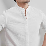 New Men Fashion Seersucker Shirts Half Sleeve Stand Collar Casual Drapped Solid Color Button-down Cardigan Business Style Tops