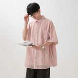 Summer men Short Sleeve Shirt For Men Striped Loose Polos Lapel Shirts New unisex High Street Pocket Blouse Couple shirt