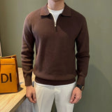 Autumn Casual Men Polo Sweater Light Luxury Zip-up Solid Color Long Sleeve Knitted Pullover Daily Commuting Basic Knitwear M-3XL
