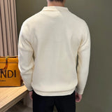 Autumn Casual Men Polo Sweater Light Luxury Zip-up Solid Color Long Sleeve Knitted Pullover Daily Commuting Basic Knitwear M-3XL