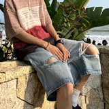 Beach Style Jeans Men Summer Fashion Vintage Hole Design All-match Denim Clothing Gothic High Street Males Trousers Knee Length