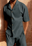 Spring/Summer suit Solid color corduroy shorts sleeve shirt and shorts stretch beach casual suit