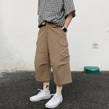 Summer Cotton Casual Pants Men Retro Cargo Pants Men Japanese Streetwear Hip-hop Loose Wide Leg Pants Men Cropped Trousers