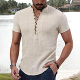 Men's Linen Cotton Short Sleeve T-shirt Solid Color  V-neck Button Tops Male Casual Clothing Trendy Dailywear Lightweight Tees
