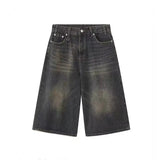 Retro Y2k Baggy  Women Men  Black Jeans Low Waist Casual Wide Pants Frayed Denim Shorts Big Size Clothes