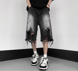 Denim Men Shorts Knee-length Loose American Style Trashy Hole High Street College Leisure Summer Fashion Gradient Advanced Y2k