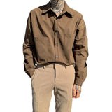 Autumn Korean Fashion Brown Shirt Men Long Sleeve Lapel High-end Mature England Style Casual Loose Pocket Inner Shirts for Men