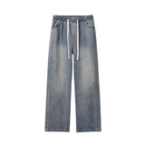 Men Denim Pants Elastic waist pull rope Straight Droop Vintage Loose Bottom Straight Wide Leg Casual Male Trousers Korean Style