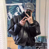 High Street Trendy PU Leather Crop Jacket Casual Textured Locomotive Zipper Turn-down Collar Solid Color Long Sleeve Men's Coats