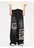 Y2K Man Jeans Korean retro hole repair jeans mens new American style high street loose straight wide leg mopping trousers