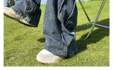 American High Street Jeans Men's Striped Patchwork Denim Pants Summer Loose Straight High-end Retro Versatile Wide-leg Trousers