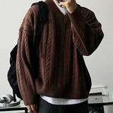 New American Retro Men Jacquarded Sweater Casual V Neck Solid Color Long Sleeve Knitwear Premium Quality Knitted Pullovers M-2XL