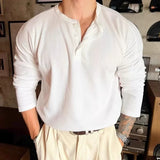 Korean Henry Collar T-shirt Fashion Men Luxury Solid Color Long Sleeve Tops Leisure Light Business Fall Casual Basic Shirt M-3XL