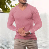 Spring Casual Mens Slim Fit V Neck T-shirts Fashion Solid Color Knitted Ribbed T Shirt Men Leisure Long Sleeve Knit Pullovers