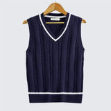 Striped White Knitted Sweaters for Men Blue Sleeveless Man Clothes V Neck Vest Red Waistcoat Jumpers Sweat-shirt Cigaret Cotton