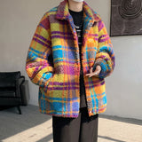 Patchwork Color Striped Iambskin Jackets Men's Women's Casual Harajuku Winter Thick Warm Coats Couples Hip Hop Streetwear