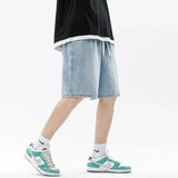 Men Casual Denim Shorts Male Comfortable Elastic Waist Straight Leg New Soft Short Pants Light Blue Loose Baggy Wide Leg Jeans