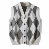 Men's Plaid Sweater Vest Sleeveless V-Neck Button Cardigan Vest Fashion Office Knitted Vest Classic Fit Tank Tops