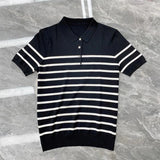 Summer Men's Clothing Light Luxury Button-down Knit Polo Shirt Popular Lapel Striped Short Sleeve Leisure Fashion Knitwear