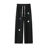 Black Casual Pants Men Fashion Embroidered Flower Sweatpants Men Streetwear Hip-hop Loose Wide Leg Pants Mens Joggers Trousers