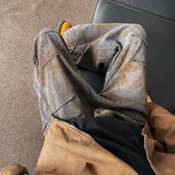 Men Straight Loose Vintage Rust Color Distressed Denim Pants Streetwear Casual  Baggy Trousers Trendy Hip Hop Floor Length Jeans