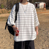 Black Summer Korea T-Shirt Men Funny Harajuku Tshirt Streetwear Femme Striped Japan O-Neck Loose Half Sleeve T Shirts Male
