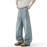 Washing Men's Denim Pants Drawstring Solid Color Casual Elastic Waist Streetwear Wide Leg Loose Male Simple Jeans