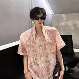 Pink Butterfly Tassel Shirt Men Front Pocket Summer Loose Casual Floral Short Sleeve Shirts Oversize Streetwear Boy Girl Blouses
