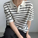 Summer Men's Clothing Light Luxury V Neck Knit Polo Shirt Korean Striped Short Sleeve Retro Fashion Leisure Slim Knitwear