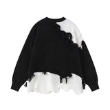 Retro Tassel Irregular Men's Sweater Loose American Lazy Style Knitted Shirt Color Block Design Casual Crew Neck Top