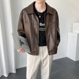 Autumn Mens Retro Lapel Short Long Sleeve Elegant British Pu Textured Leather Casual Jacket Loose Leather Jacket For Men