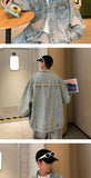 Men's Ripped Denim Jacket Autumn American Retro Washed Hip Hop Streetwear Cool Trendy Loose Casual Jacket Button Up Jeans Coat