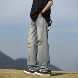 Men's denim pants - Summer American retro straight leg jeans loose and breathable high street fashion ripped casual pants