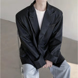 Fashion Men's Suit Casual PU Leather Patchwork Shoulder Padded Solid Color Double Breasted Male Blazers Autumn