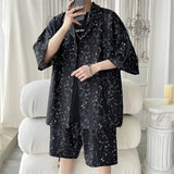 Summer Thin Sets Men Fashion Casual Shorts Shirt Sets Men Streetwear Korean Loose Black Print Ice Silk Set Mens Plus Size 5XL