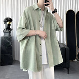 Summer Cool Men Short-sleeved Shirt Solid Color Fashion Plicated Casual Loose Button Shirt Male Clothing Tops