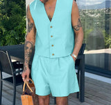 Men Sets Solid Color V Neck Sleeveless Crop Vests & Shorts Two Pieces Sets Streetwear Fashion Men's Casual Suits