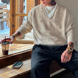 Men's Color-blocking Knitted Sweater Light Luxury Deep V Neck Long Sleeve Pullover Autumn Japanese Trending Male Clothing M-3XL
