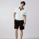 New Japanese Trendy Men Polo Shirt Light Luxury Slim-fit V Neck T-shirt Leisure Patchwork Short Sleeve Tops Retro Knitwear M-3XL
