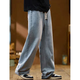 Men New Baggy Jeans Fashion Y2K High Street Retro Blue Trousers Elastic Drawstring Straight Wide Leg Loose Casual Denim Pants