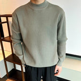 New Korean Retro Men Basic Sweaters Luxury Knit Solid Color Mock Neck Long Sleeve Pullover Casual Textured High Quality Knitwear