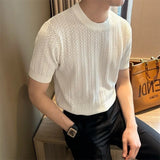 Men's Clothing Fashion Hollow Out Tops Knit Luxury O Neck Short-sleeved T-shirt Leisure Korean Popular Retro Slim-fit Knitwear
