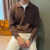 Autumn Casual Men Polo Sweater Light Luxury Zip-up Solid Color Long Sleeve Knitted Pullover Daily Commuting Basic Knitwear M-3XL