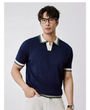 New Japanese Trendy Men Polo Shirt Light Luxury Slim-fit V Neck T-shirt Leisure Patchwork Short Sleeve Tops Retro Knitwear M-3XL