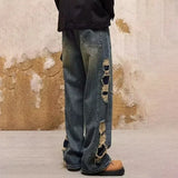 Spring Men's Ripped Wide-leg Distressed Jeans New Hip Hop Skateboard Denim Pants Y2K Vintage Streetwear Jean Trousers