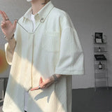 2025 White Texture Short-sleeved Shirts Men Korean Chic All-match Blouses Casual Loose Single Breasted Black Shirt with Tie