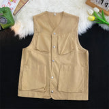 Men Vests Japanese Safari Style Stylish Chic Baggy Outer Techwear Retro Multi Pockets Daily Simple All-match Cozy Sleeveless