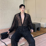 Spring Summer Irregular Sequin Tassel Shirt Streetwear Fashion Long Sleeve Shirts Men's Transparent Nightclub Tops Black/Apricot