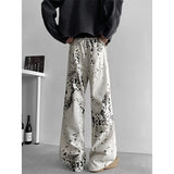 Baggy Beige Jeans Men Fashion Retro Leopard Print Jeans Men Streetwear Hip-hop Loose Wide Leg Jeans Mens Vintage Denim Pants